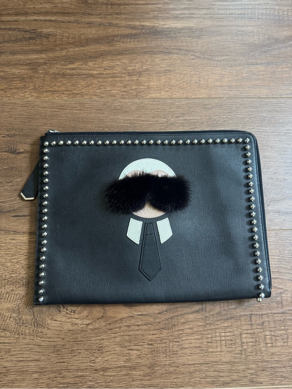 Fendi Karlito Black Mink Calf Leather Clutch Zip Around Bag